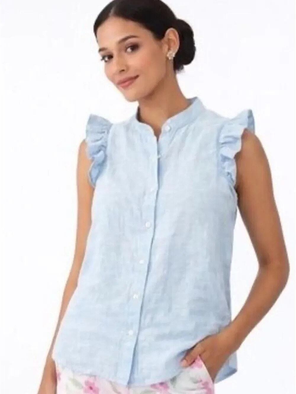 Lilly Pulitzer Light Blue Linen Ruffle Sleeveless Button Front Top Size XS